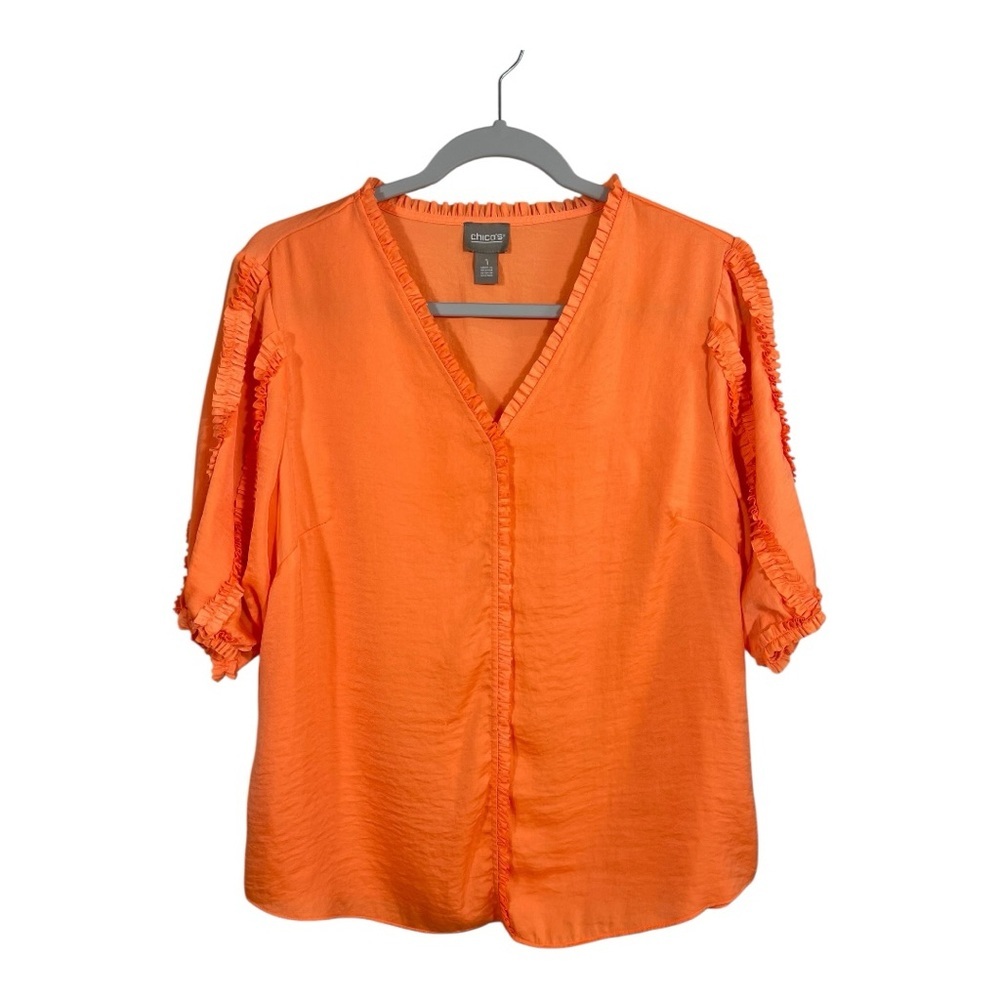 Chico’s Orange Ruffle Trim Blouse Womens Size 1 Medium Short Sleeve V Neck